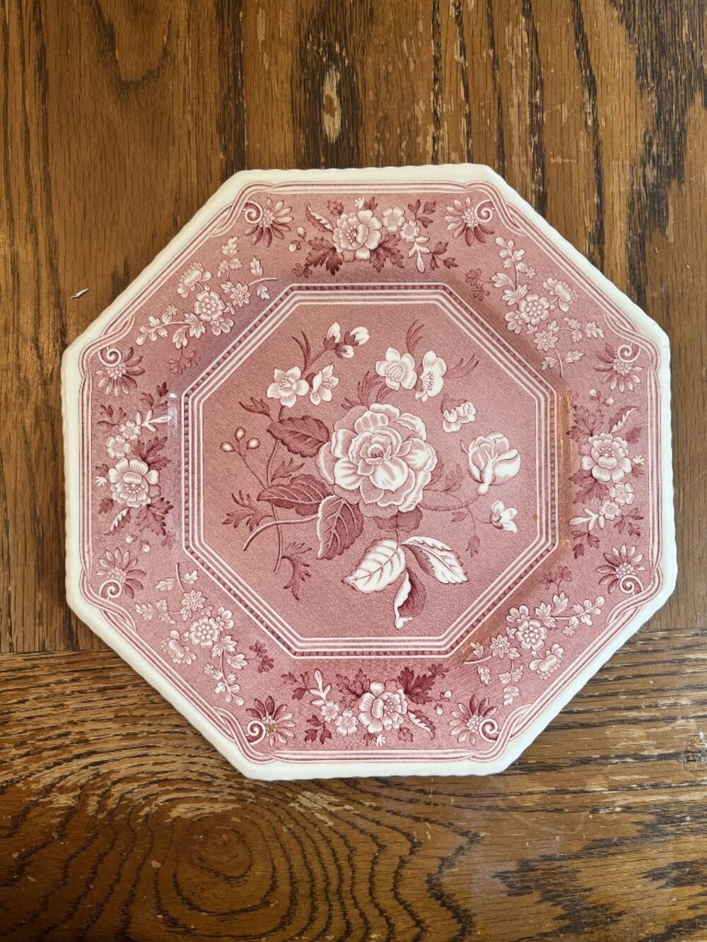 Spode Octagonal Cranberry Floral Plate 9" England Bone China Vintage Decorative
